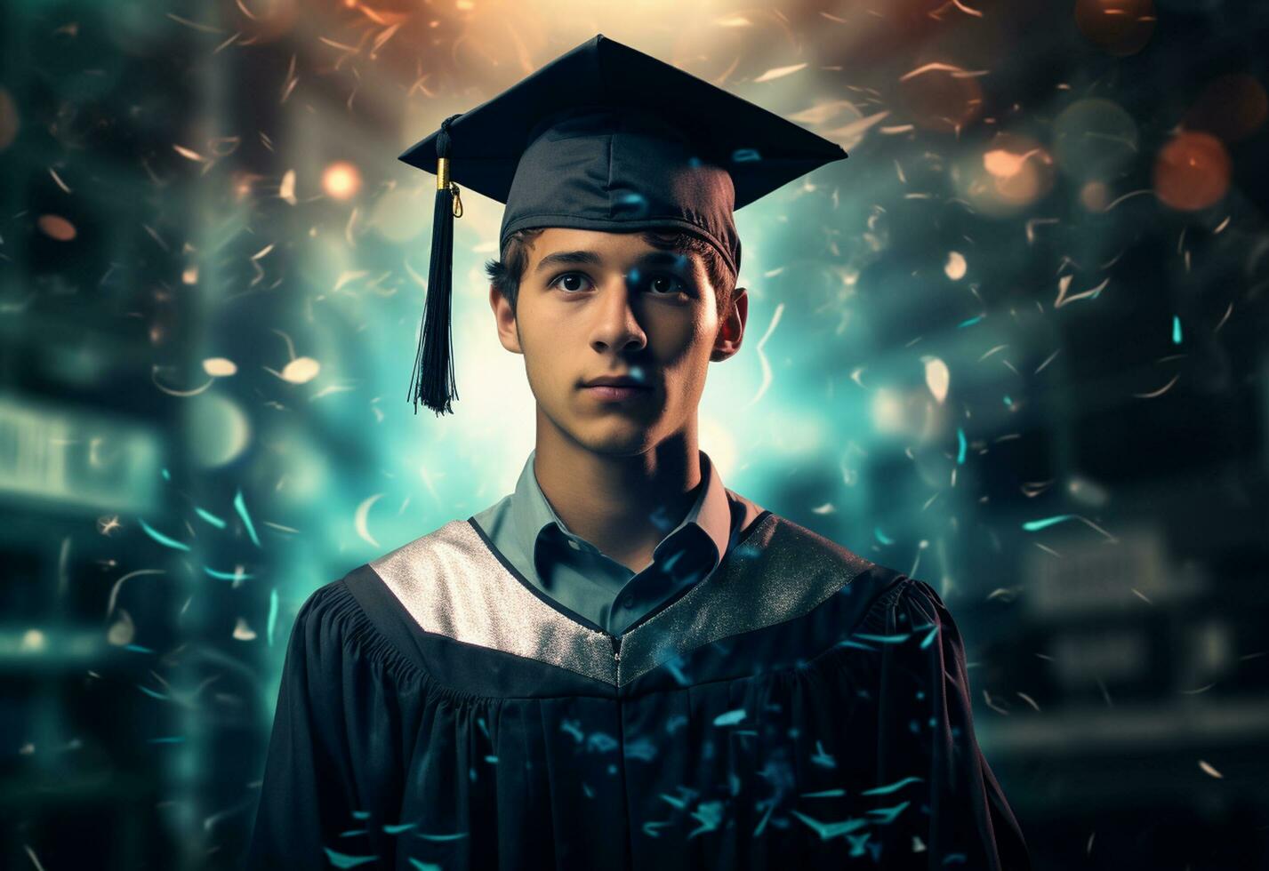 ai generativo doble exposición foto de joven hombre con graduación gorra tecnología antecedentes realista imagen