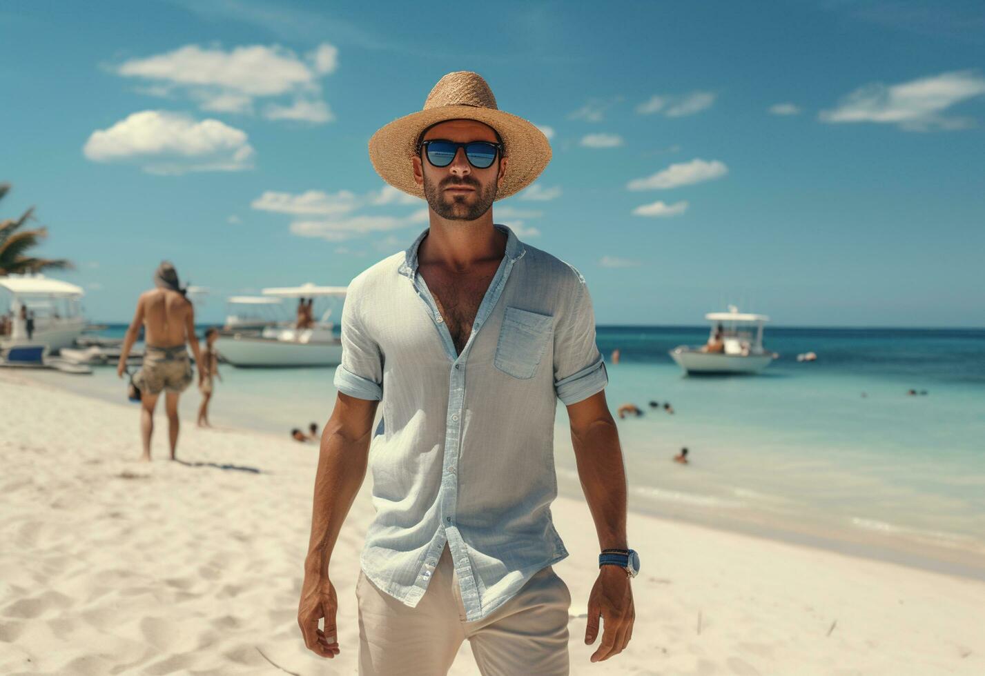 Ai generative back view young tourist man in summer dress and hat standing on beautiful sandy beach. enjoying. photo