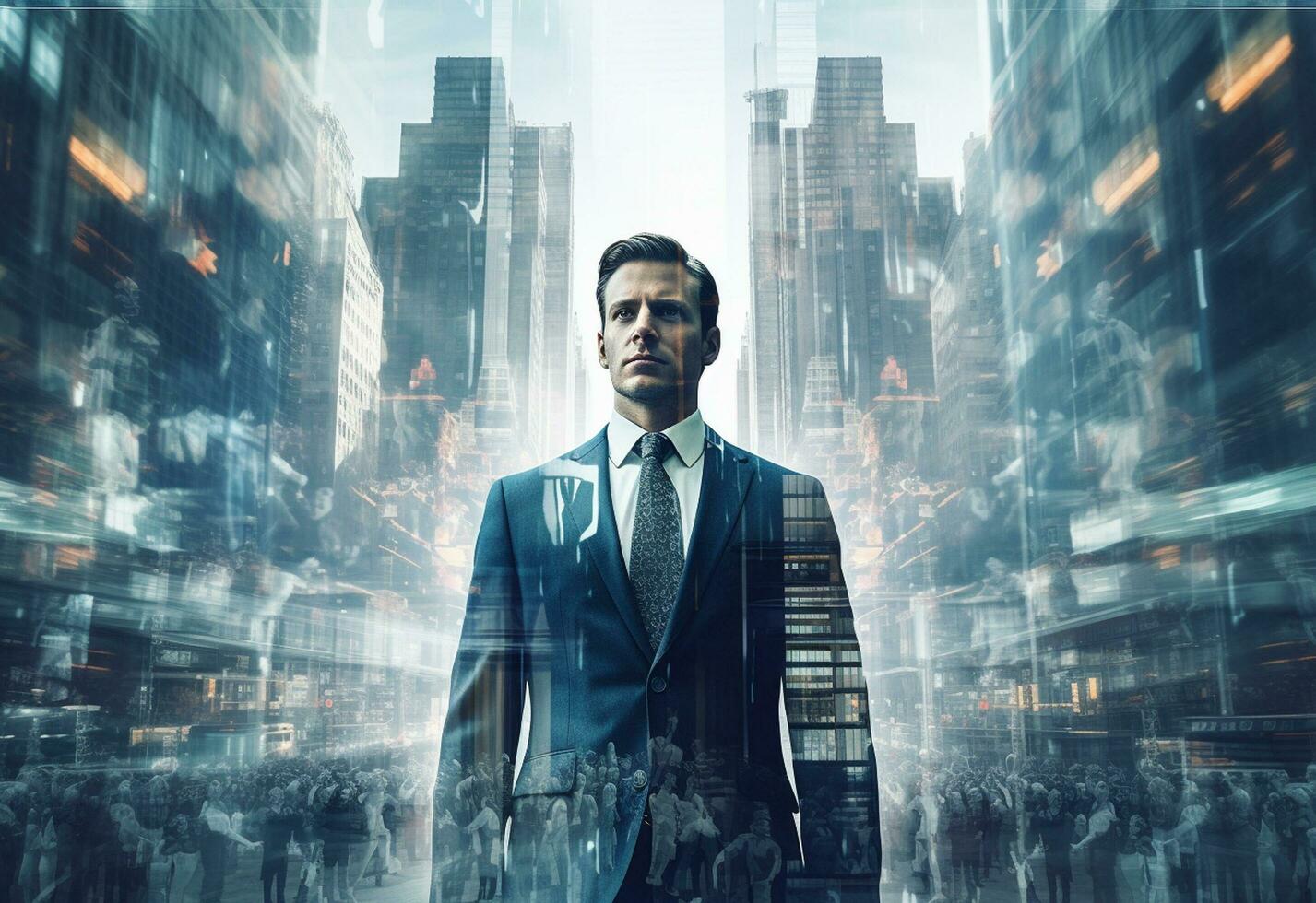 Ai generative A Double Exposure of a Businessman in the Cityscape Embodies Success and Future Plans photo