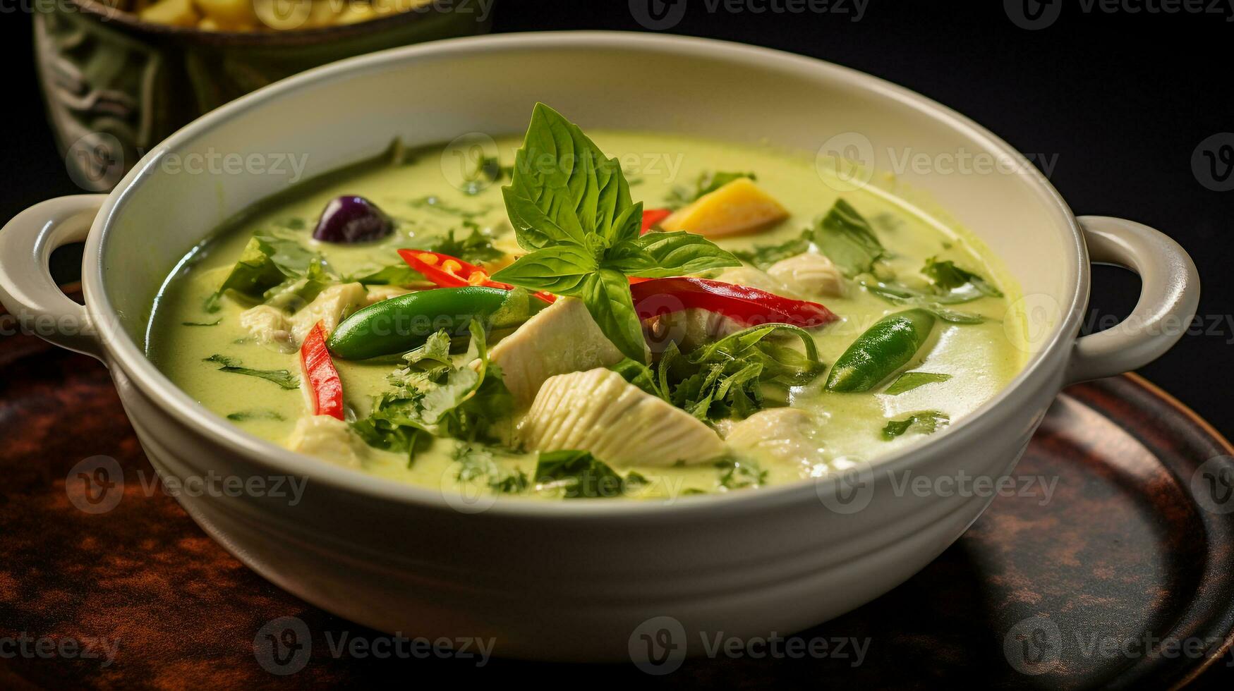 Photo of Thai Green Curry as a dish in a high-end restaurant. Generative AI