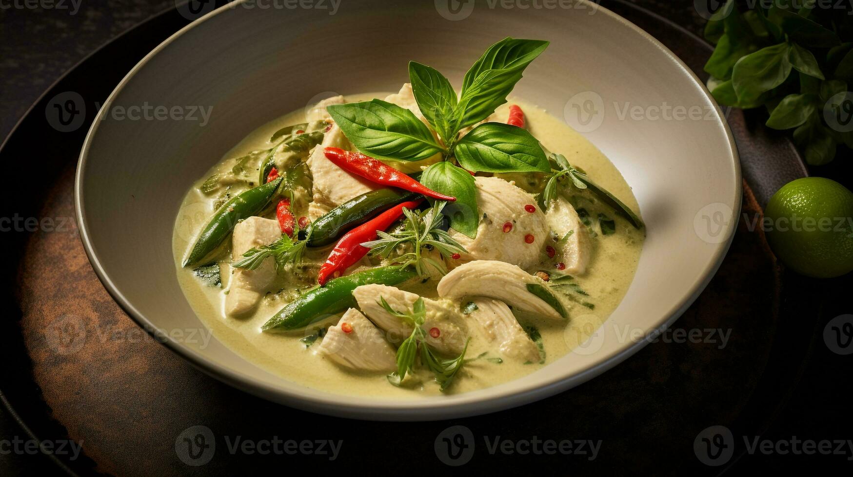 Photo of Thai Green Curry as a dish in a high-end restaurant. Generative AI