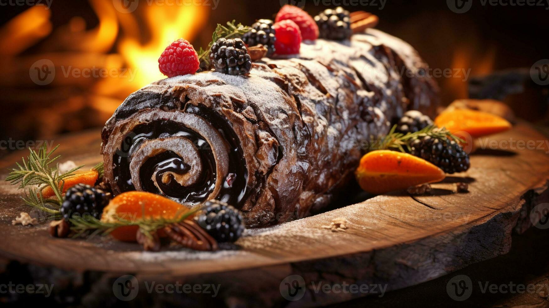 Photo of Yule Log Cake as a dish in a high-end restaurant. Generative AI