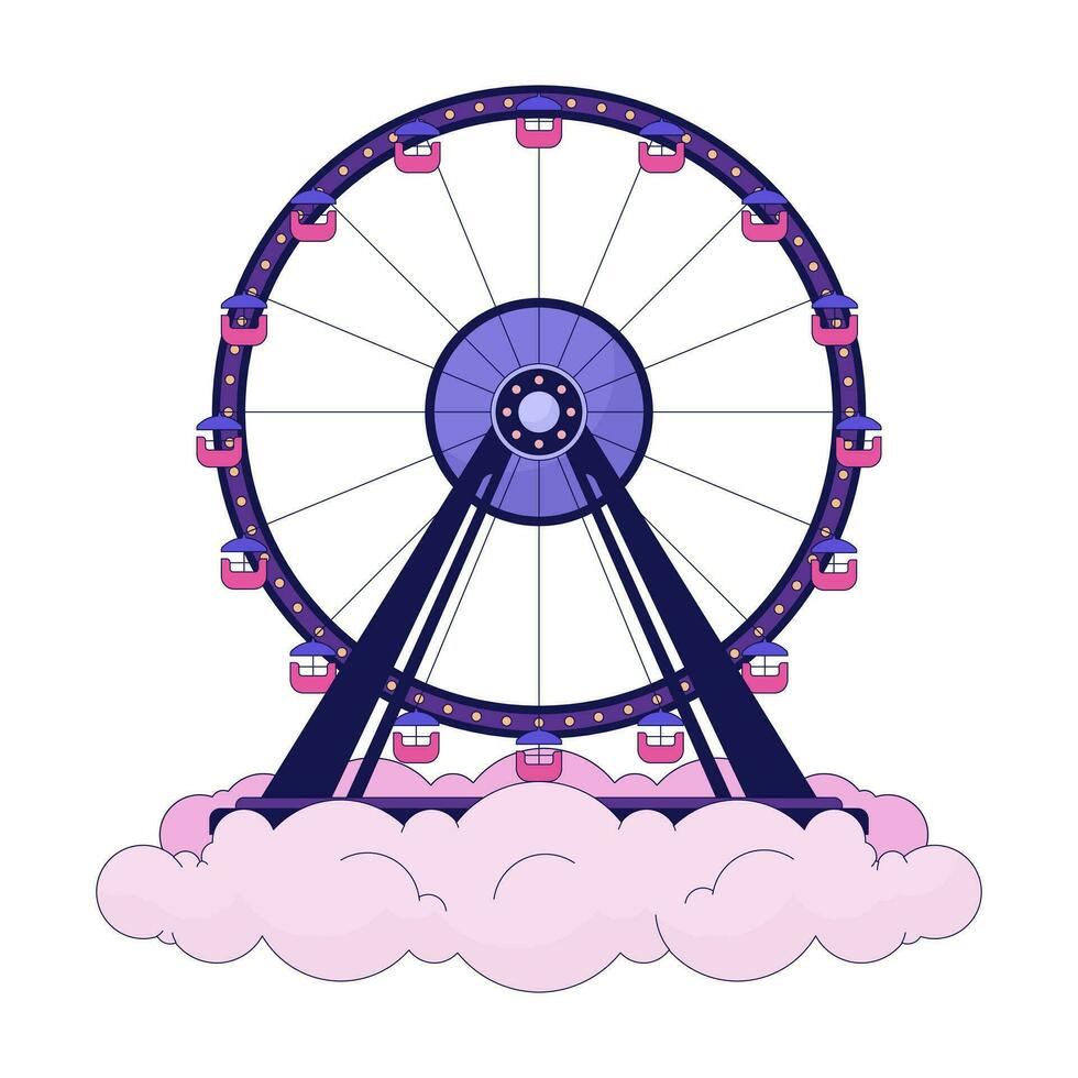 Ferris wheel above clouds 2D linear illustration concept. Park amusement cloudscape cartoon object isolated on white. Funfair ride on heaven sky metaphor abstract flat vector outline graphic