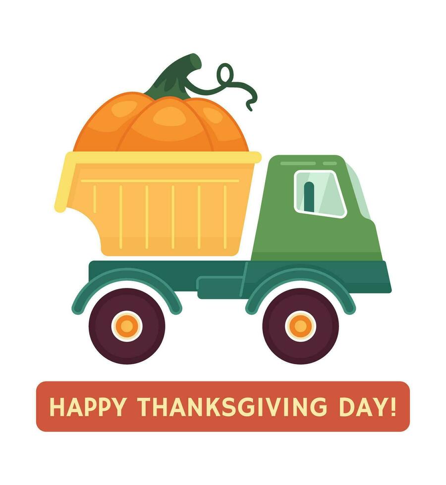 Fall harvest pumpkin truck 2D illustration concept. Old retro car isolated cartoon object, white background. Delivery vegetable. Autumn countryside farm metaphor abstract flat vector graphic
