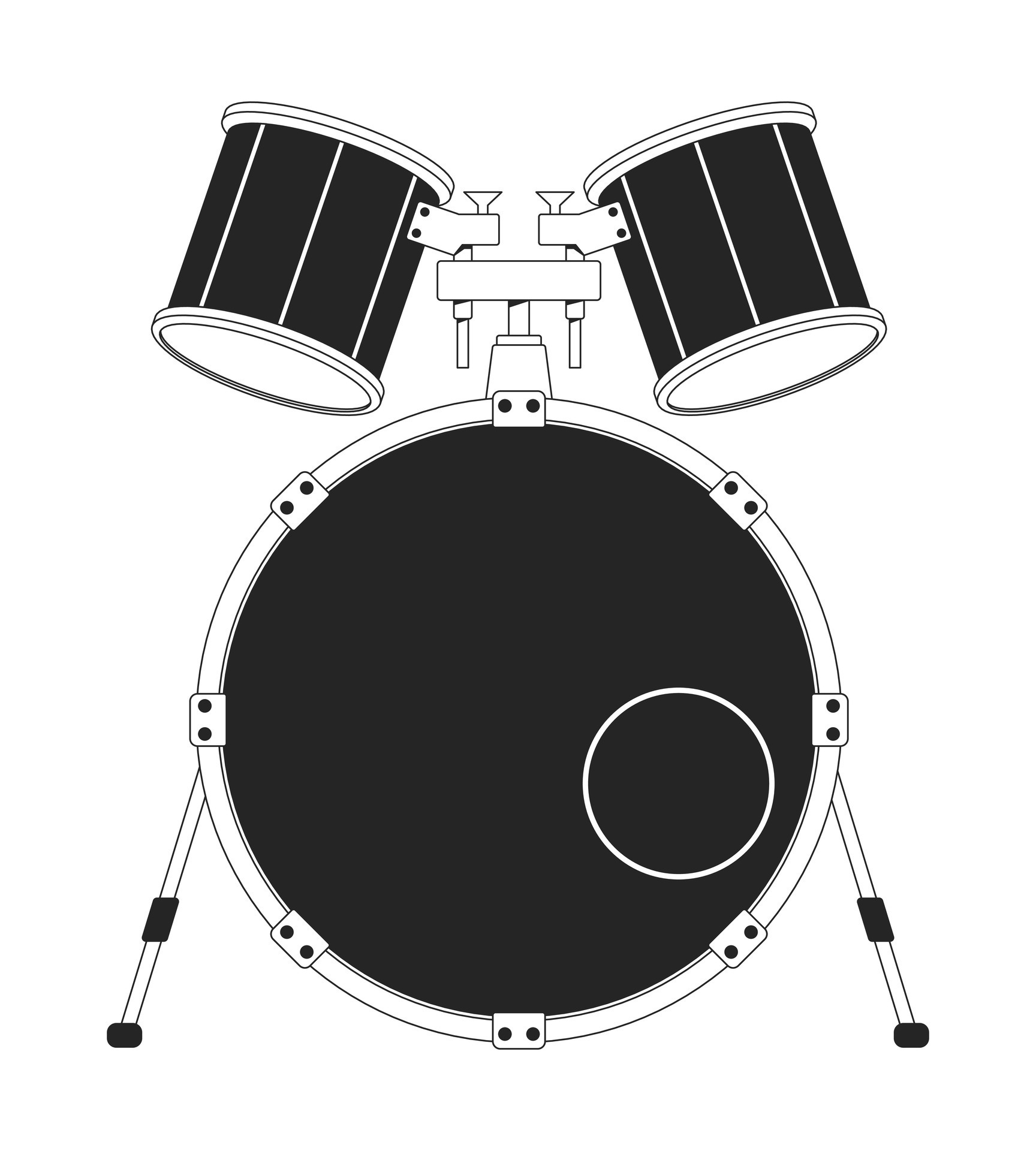 Bass drum with mid and high tom black and white 2D line cartoon