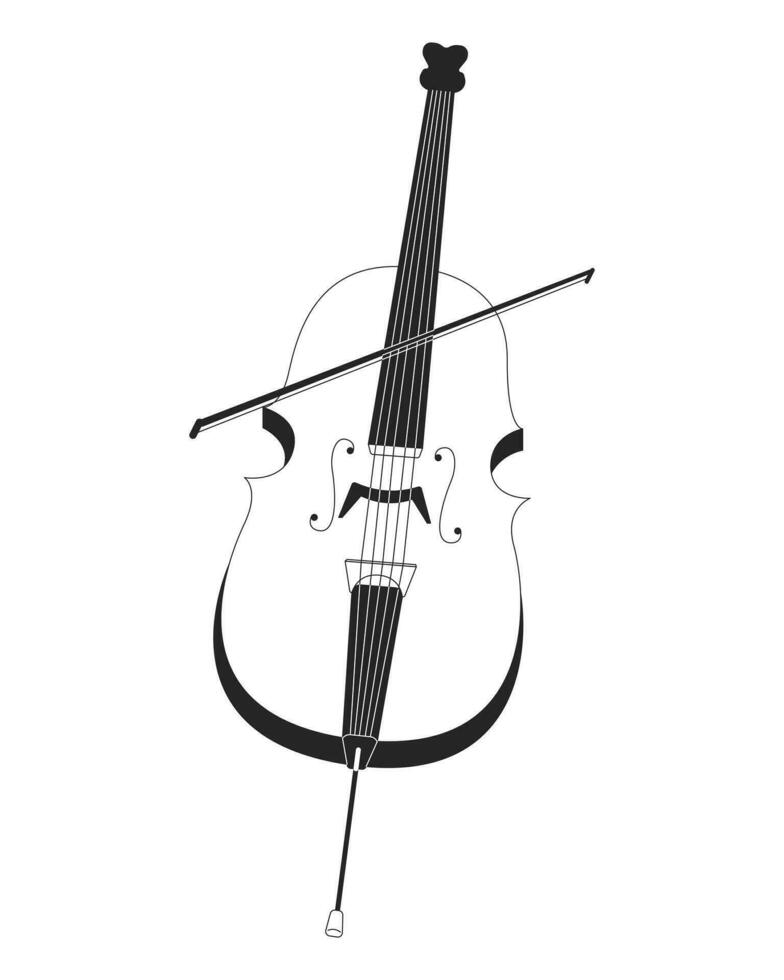 Cello string instrument black and white 2D line cartoon object. Orchestra violoncello isolated vector outline item. Classical musical instrument with cello bow monochromatic flat spot illustration