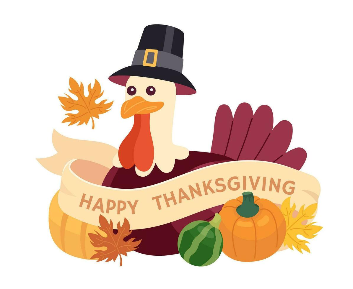 Fall thanksgiving pilgrim turkey 2D illustration concept. Countryside bird isolated cartoon character, white background. American harvest festival celebration metaphor abstract flat vector graphic