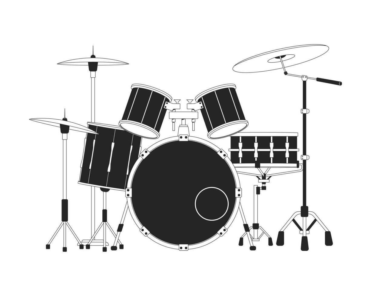 Drum set black and white 2D line cartoon object. Musical percussion instrument isolated vector outline item. Rehearsal session. Beating rhythm. Rock concert monochromatic flat spot illustration