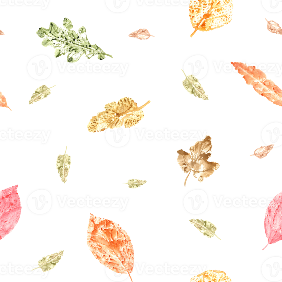 Fall dried leaves imprints. Autumnal seamless pattern for room decoration, textile, print, wrapping, scrapbook. Watercolor illustration of leafage composition png