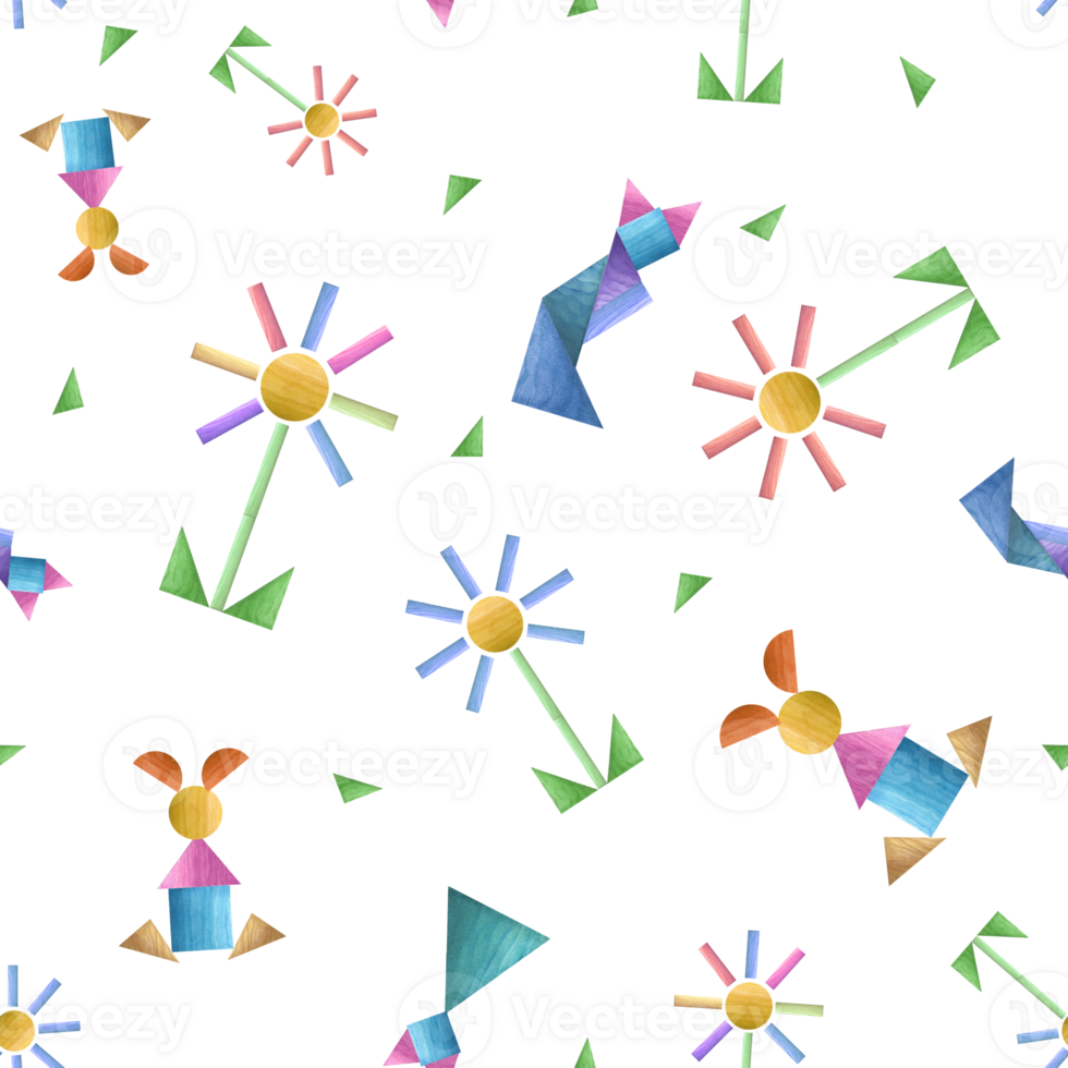 Watercolor seamless pattern of flowers, cats built from wooden bricks. Cute illustration for children print, poster, wallpaper, wrapping, fabric, textile. png