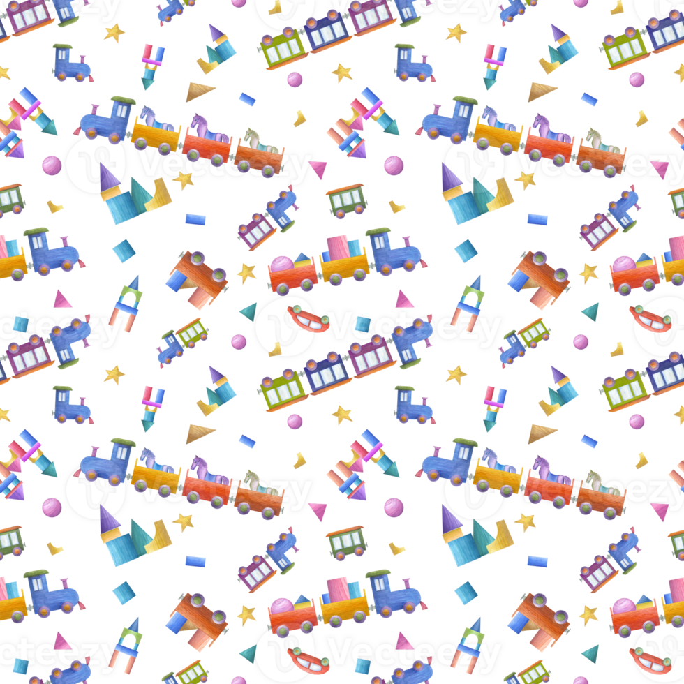 Watercolor seamless pattern of kid wooden toys. Illustration with trains, bricks, towers for children print, poster, decor, wallpaper, wrapping, fabric, textile. png