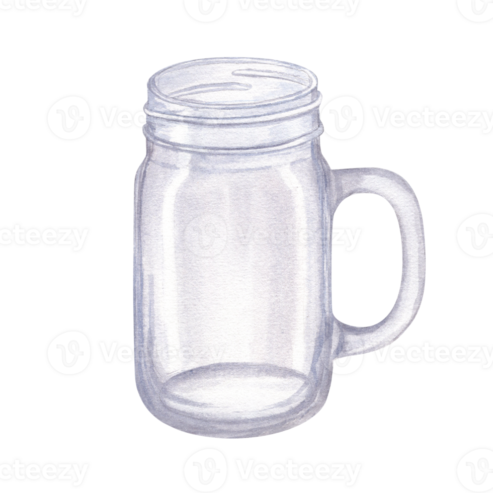 Watercolor mason empty jar with handle. Illustration of glass bottle for different refreshing mocktail, smoothie, lemonade. Hand drawn set for menu, card design png