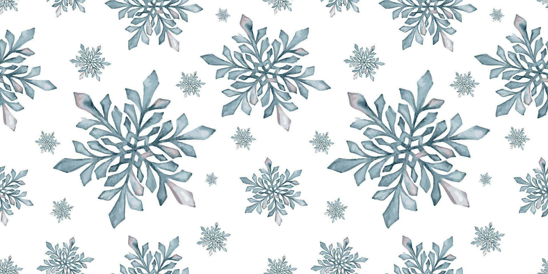 Watercolor hand drawn seamless pattern with blue, teal and rose colored snowflakes. Christmas New Year snow design for holiday greeting cards, print, textile, sale, web, design and wrapping paper. vector