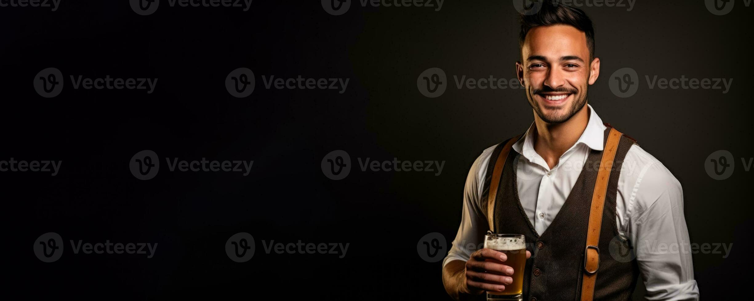 Young man in traditional German clothes with beer on solid gray background photo