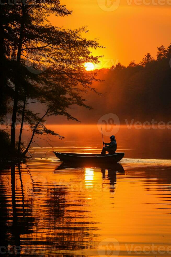 un pacífico silueta de un pescador fundición un línea en contra un magnífico otoño puesta de sol terminado calma lagos foto