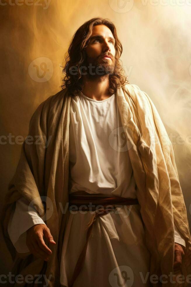 Image of Jesus Christ Son of God Redeemer with Biblical motif for Pentecost Easter Christmas labeling background photo