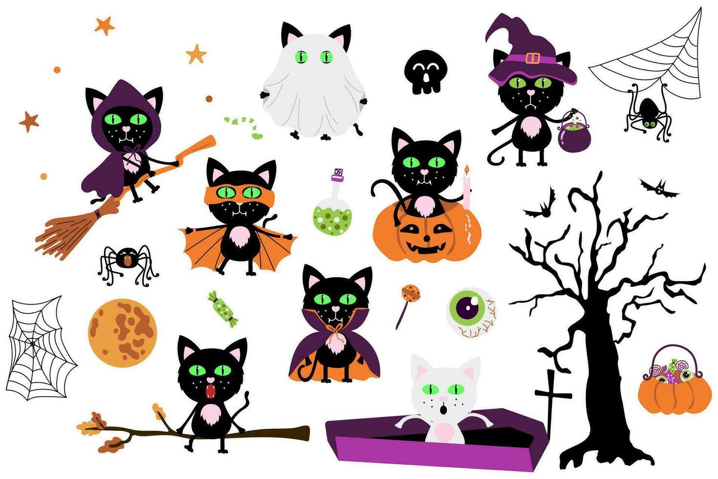 conjunto de contento Víspera de Todos los Santos pegatinas linda conjunto de negro gato en diferente poses y calabaza, fantasma, ojos, bruja, caldera, escoba, dulces vector