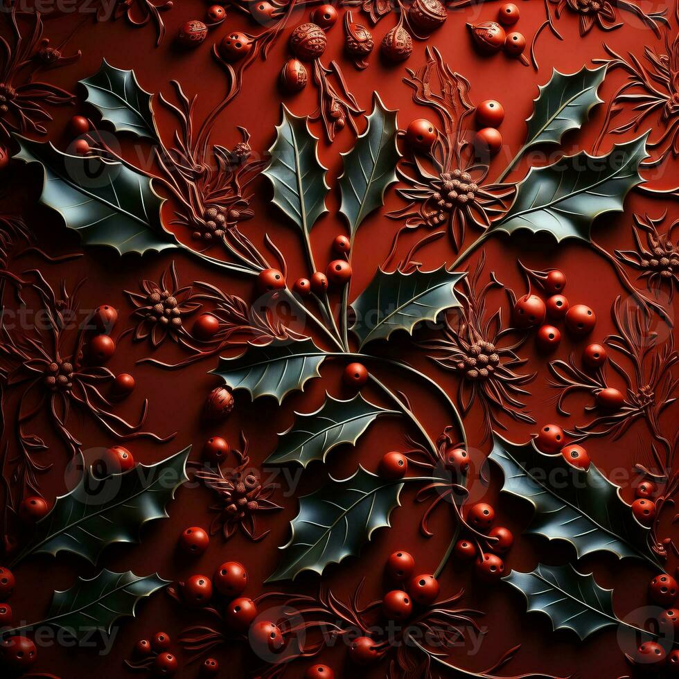 A close-up shot of intricately designed holly leaves with low relief against a festive red background providing empty space for text photo