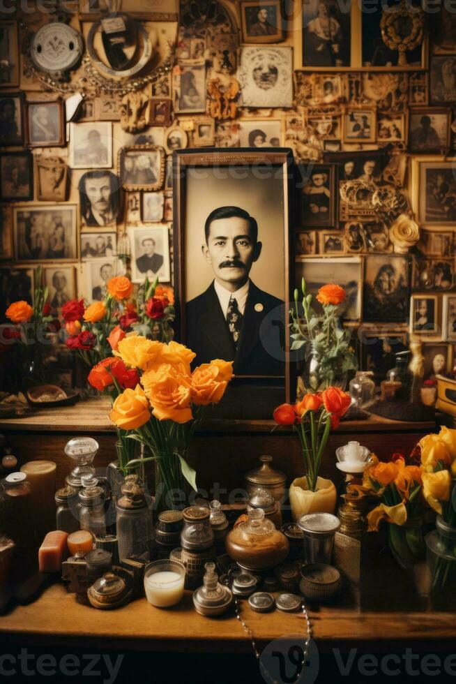 Ancestor photos and symbolic objects artfully arranged on Day of the Dead altar