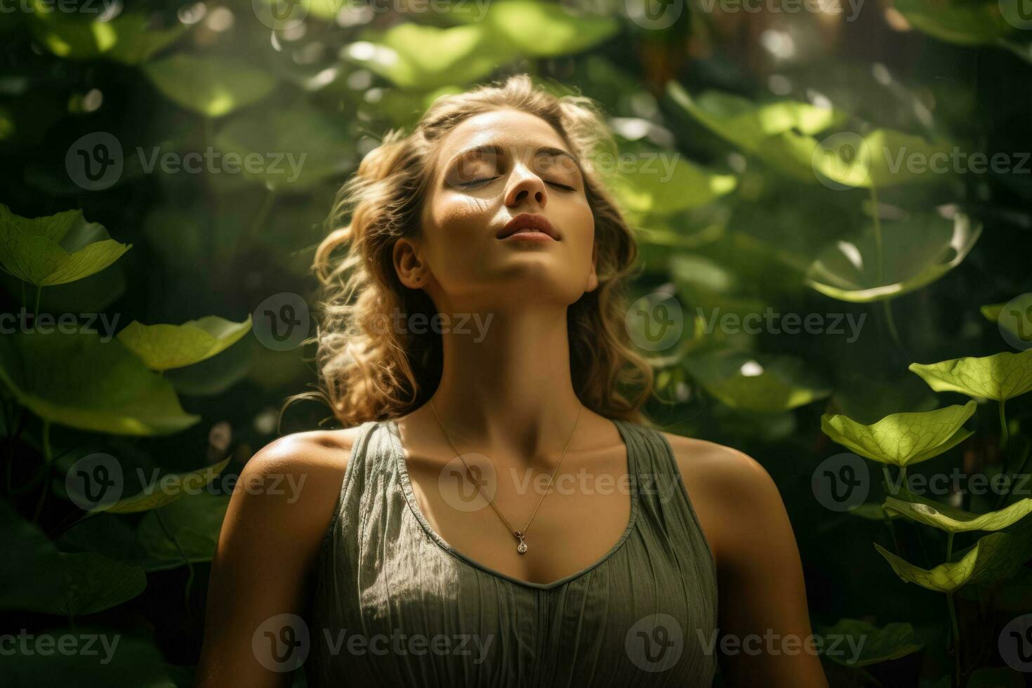 Under a canopy of leaves a person practices mindful breathing feeling the earth's energy a connection to nature for World Mental Health Day photo