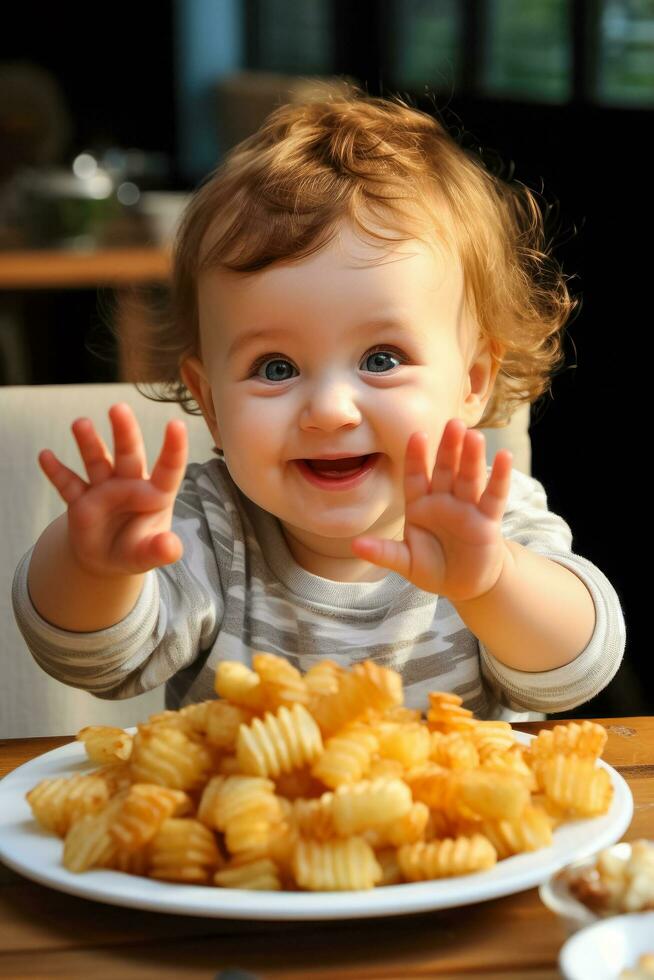 Curious baby with messy hands and a delighted expression exploring the taste and texture of various finger foods photo