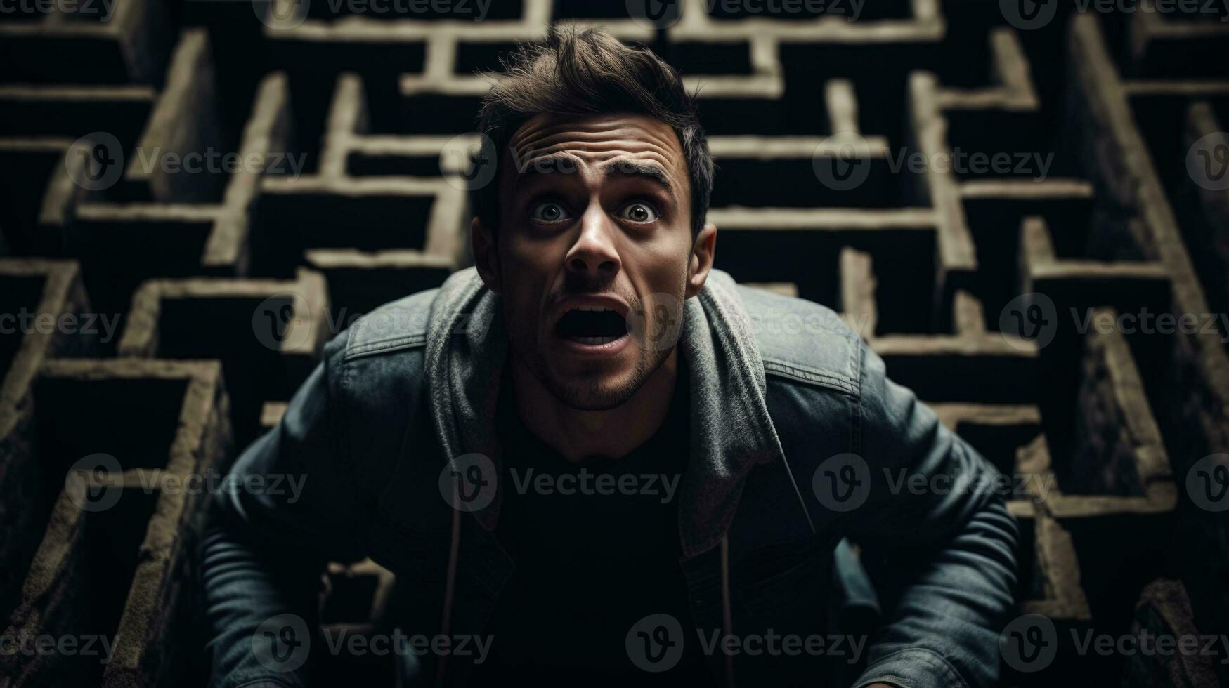 Being lost in a maze shocked screaming face of a man dark background with a place for text photo