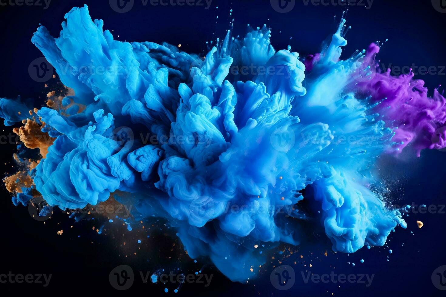 Abstract blue powder splattered background showcasing a vibrant colored cloud bursting forth like a Holi paint explosion photo