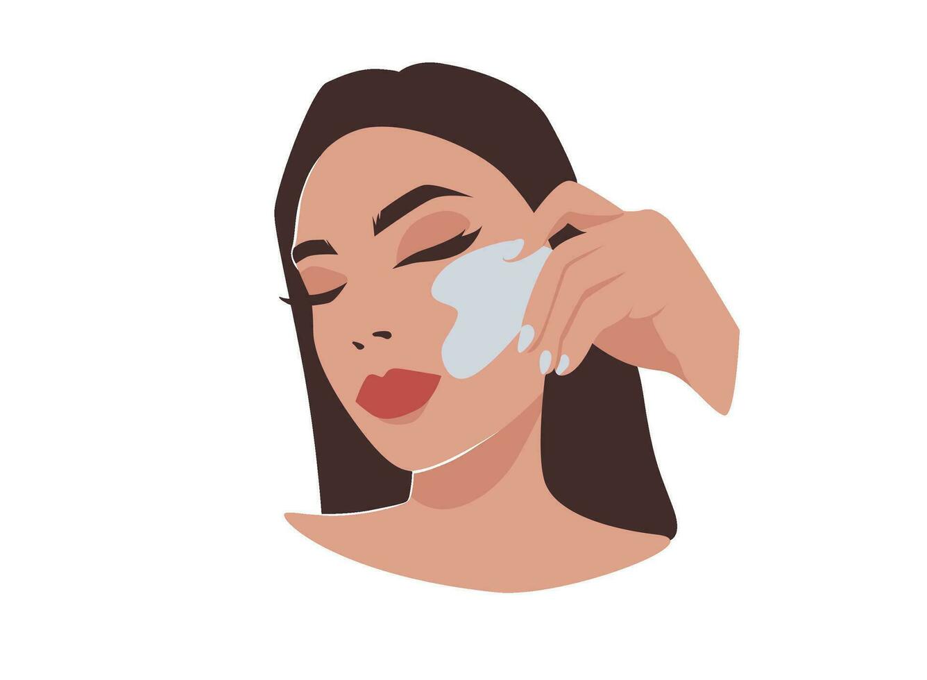 Woman doing Gua Sha Facial Massage. Massager Scraper. Beauty Skincare Routine. vector