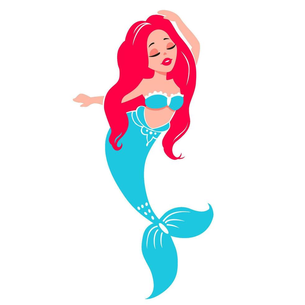 Vector Mermaid with Red Hair and Blue Tail Illustration isolated on White Background. Cartoon Girls Print