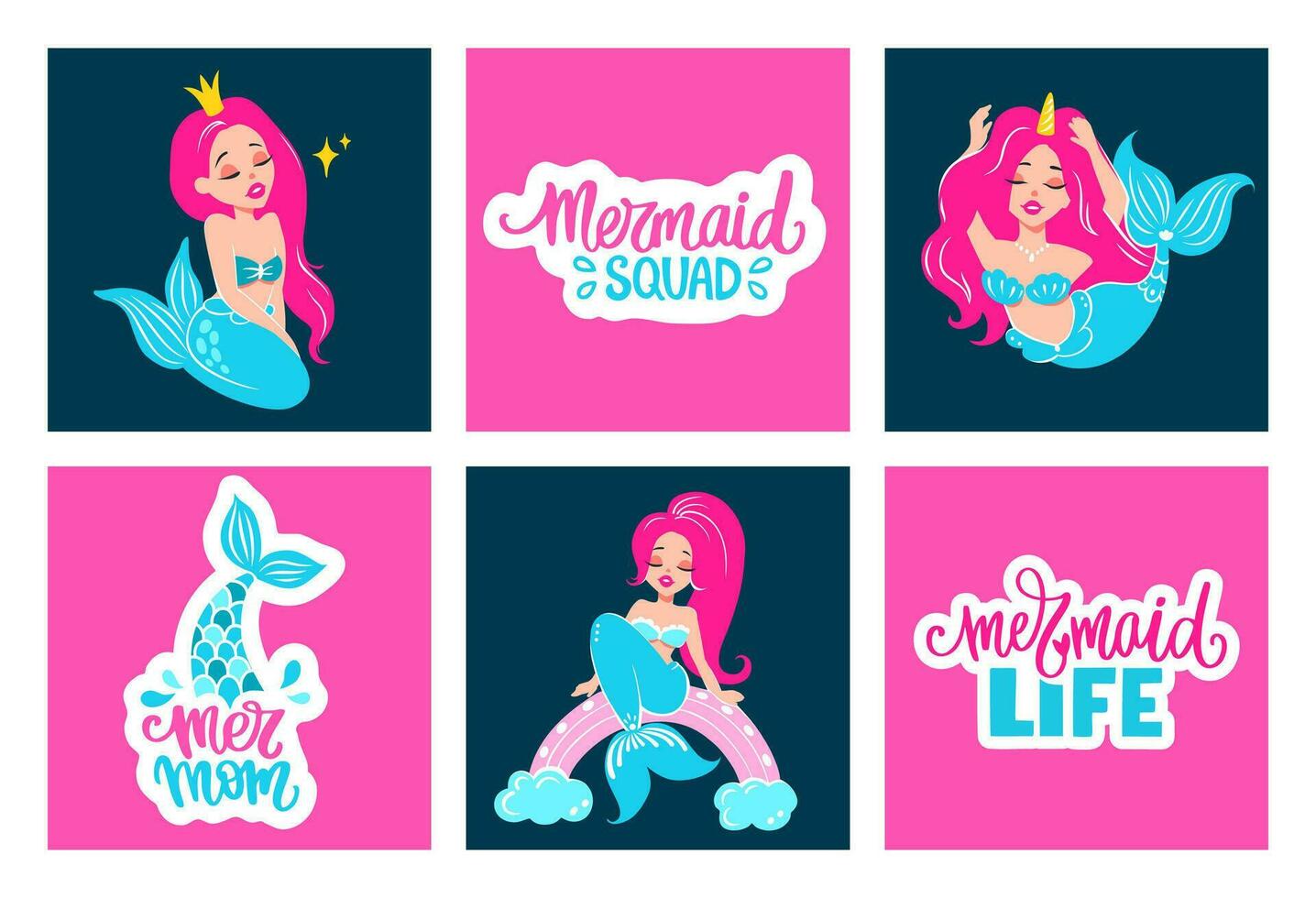 Cute Princess Mermaids Unicorn with Pink Hair and Blue Tail Vector Cards. Lettering Quote.