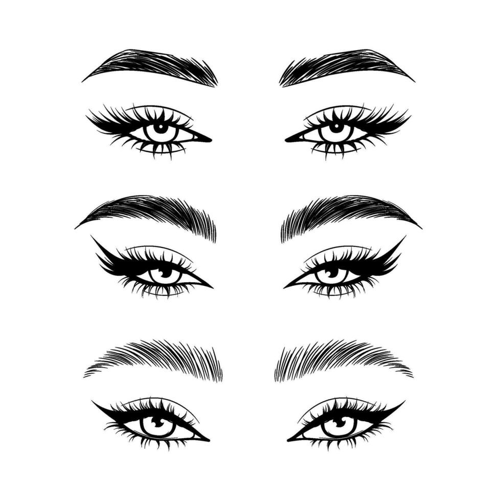 Vector set beautiful female eyes with long black eyelashes and brows close up.