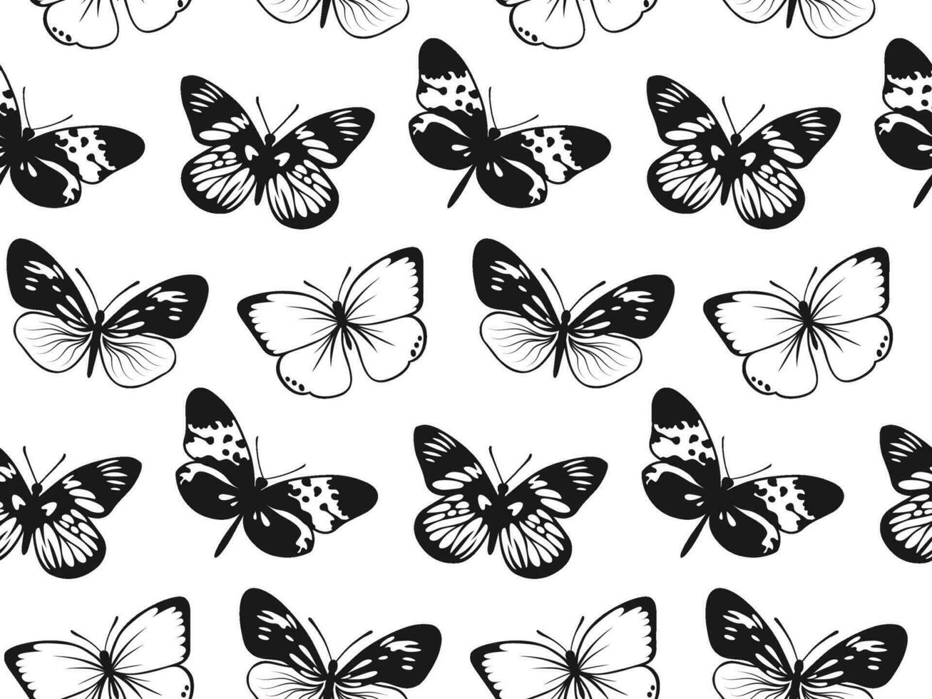 Butterfly Seamless Pattern. Decorative Fly Insect Background. Black and White Botanical Texture vector