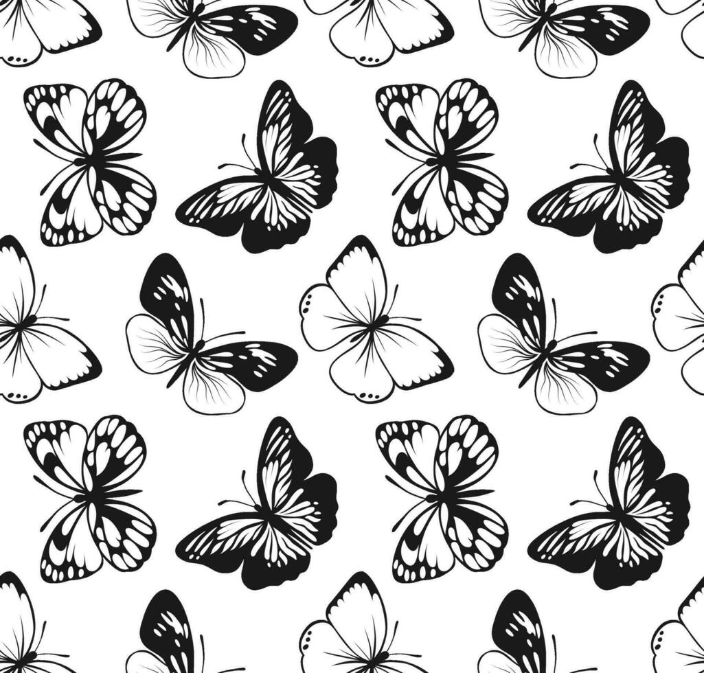 Butterfly Seamless Pattern. Decorative Fly Insect Background. Black and White Botanical Texture vector