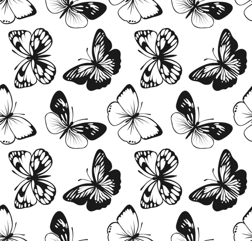 Butterfly Seamless Pattern. Decorative Fly Insect Background. Black and White Botanical Texture vector