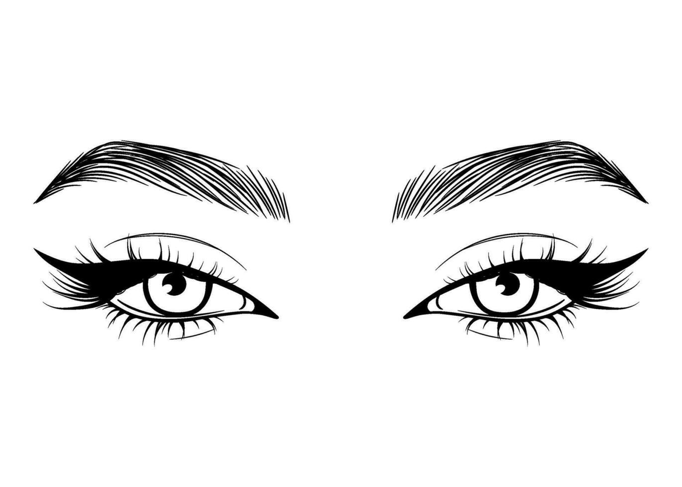 Vector Hand drawn beautiful female eyes with long black eyelashes and brows close up.