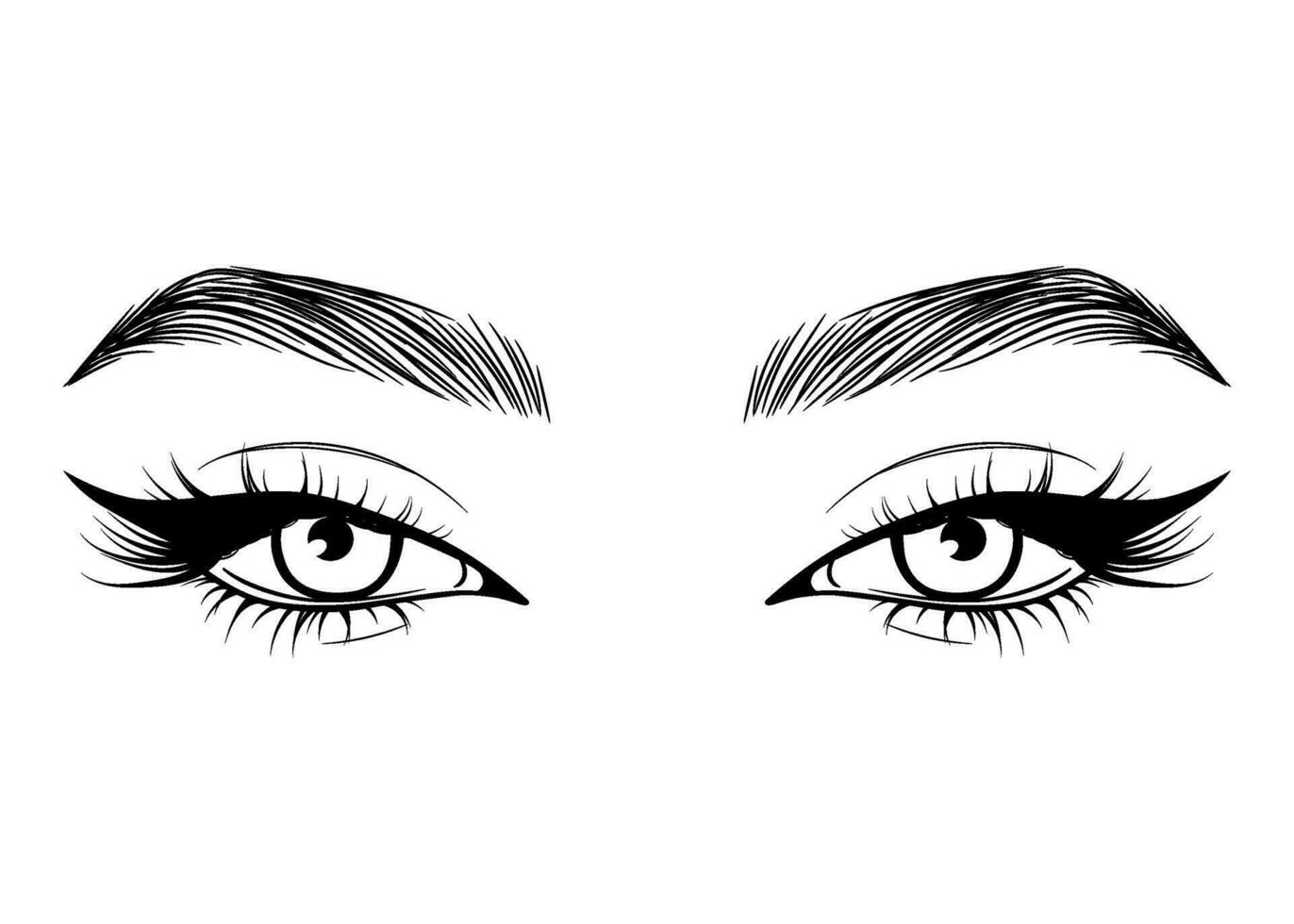 Vector Hand drawn beautiful female eyes with long black eyelashes and brows close up.