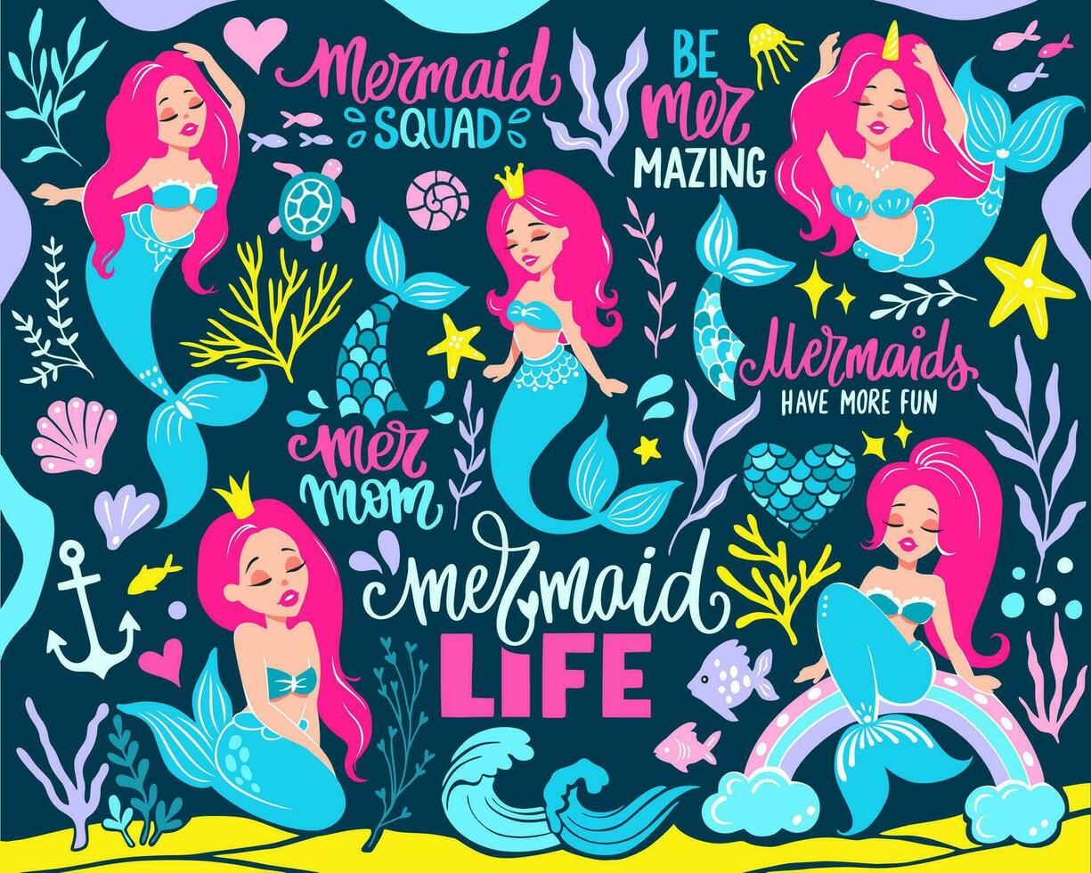 Cute Mermaids Illustrations Vector Collection. Lettering Quotes. Adorable Cartoon Characters. Colorful Kids Clipart