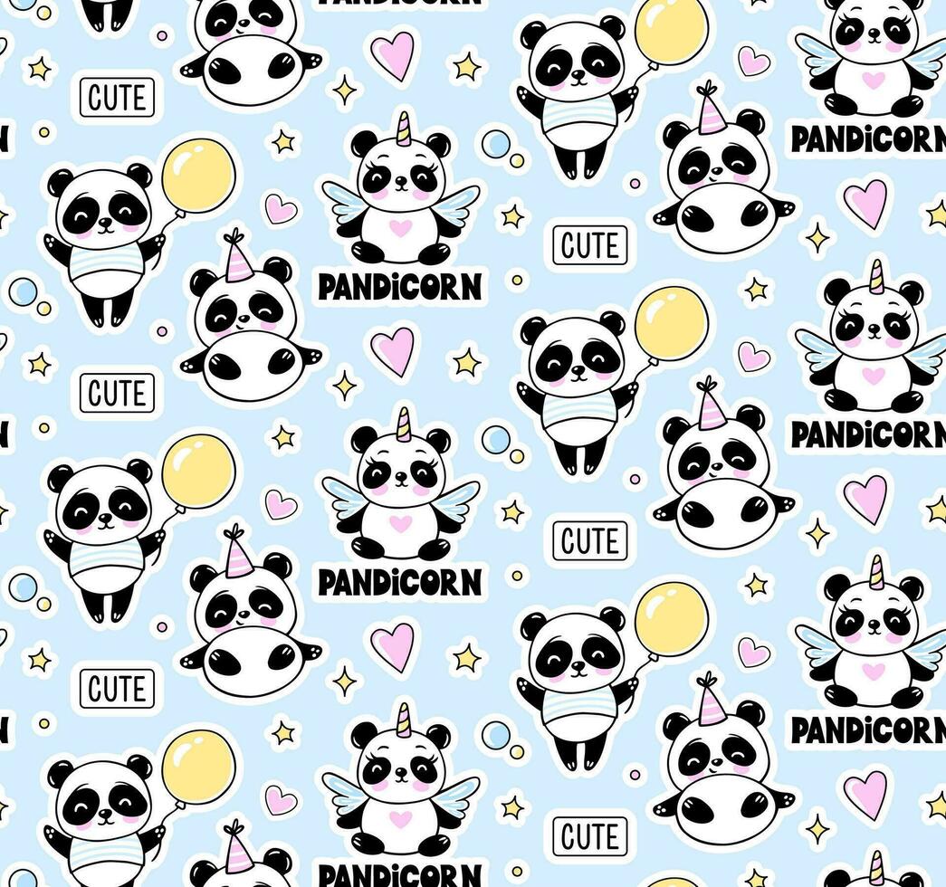 Panda with balloon, Unicorn Seamless Pattern. Cute Vector Baby Print on a Blue Background.