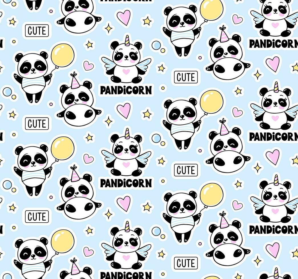 Panda with balloon, Unicorn Seamless Pattern. Cute Vector Baby Print on a Blue Background.