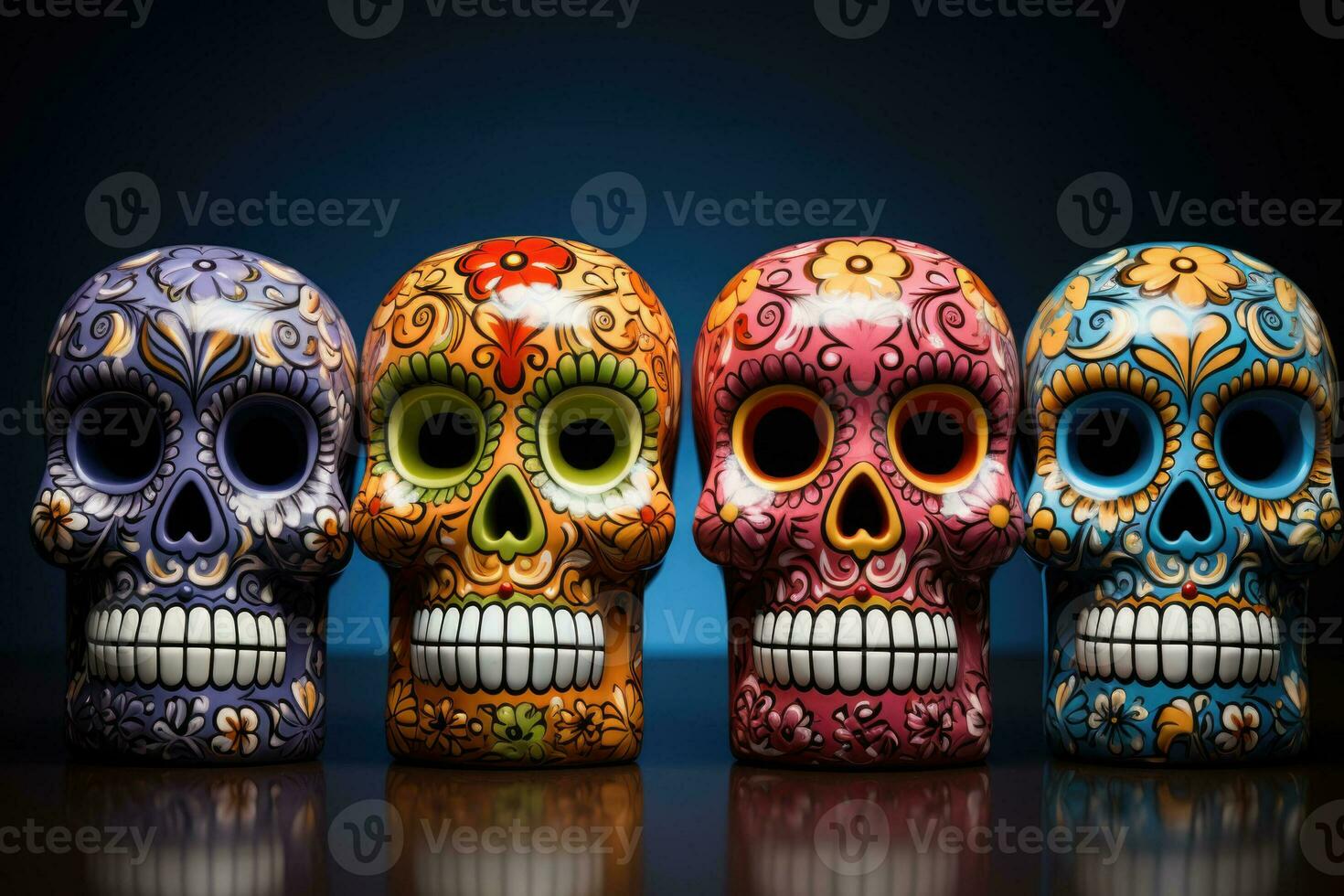 Hand painted ceramic Calacas figurines for Day of the Dead isolated on a gradient background photo