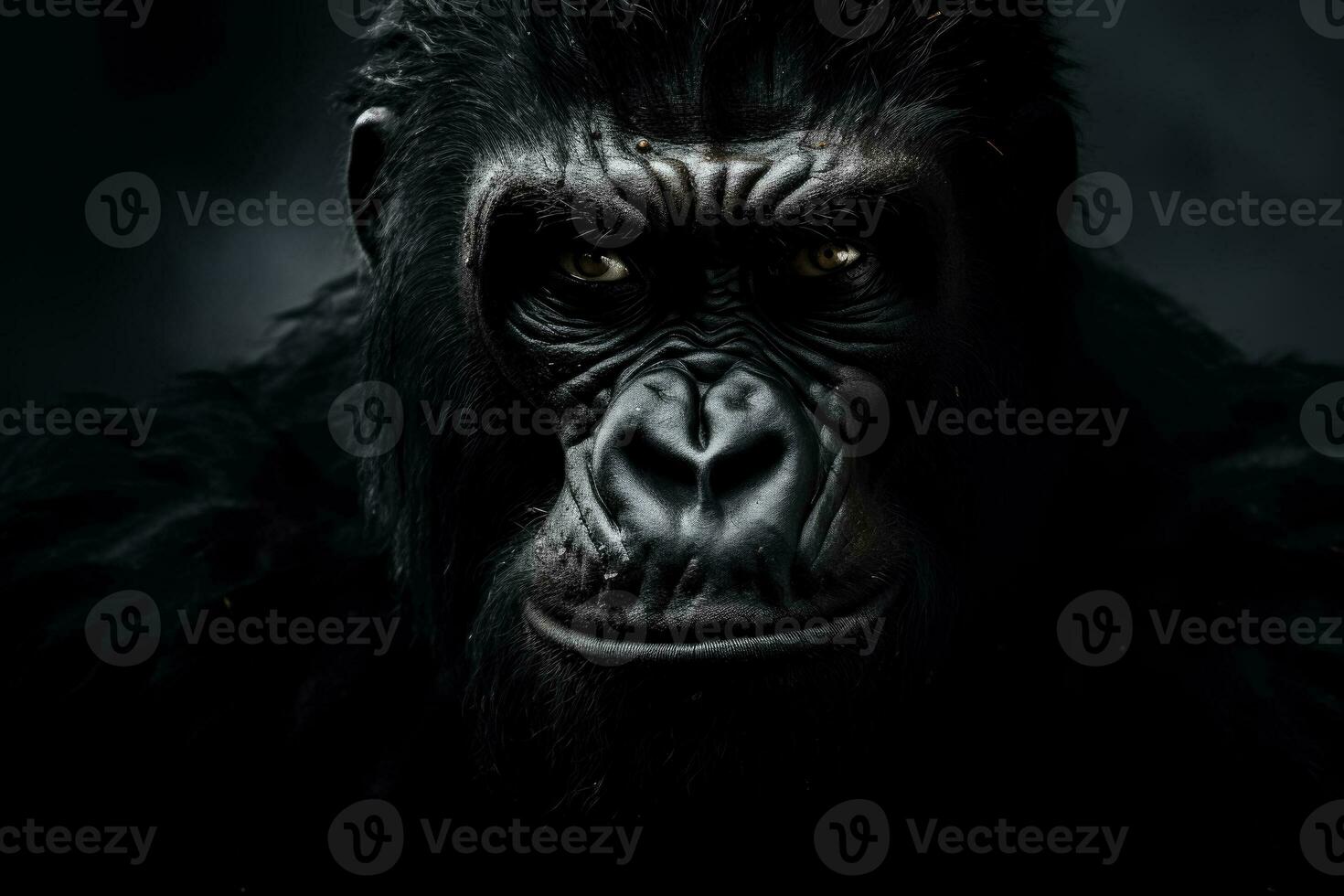 A close-up photo of a fierce and intense gorilla staring into the distance background with empty space for text