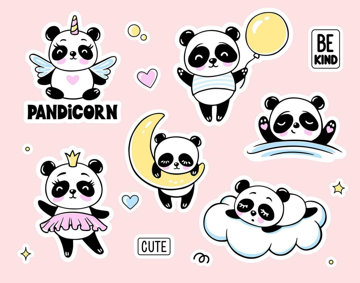 Cute Panda Bear Collection. Baby Animal Doodle Illustrations Set with Happy Birthday Cake, Sleeping, Unicorn, Princess vector