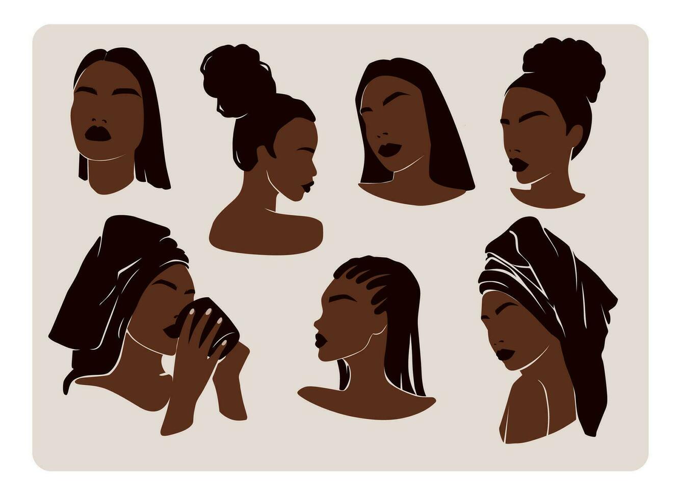 Afro American Woman Vector Minimalist Illustration Set. Beautiful Girls Dark Skin.