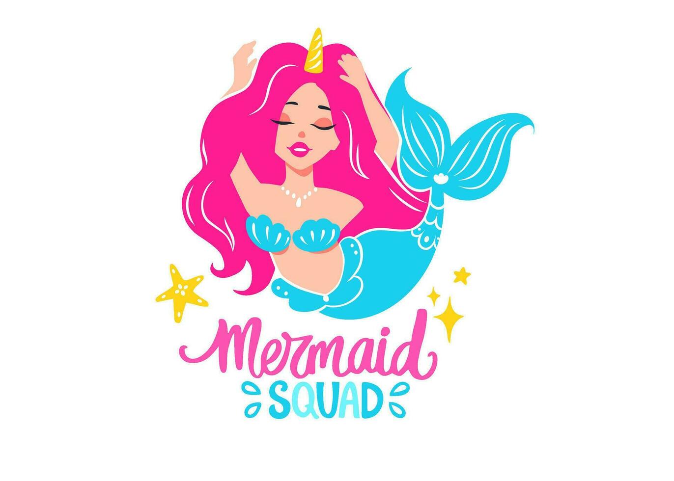 Vector Mermaid with Pink Hair and Blue Tail Illustration isolated on White Background. Marmaid Squad Lettering Phrase.