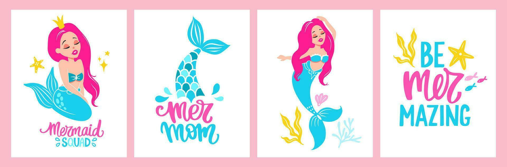 Cute Princess Mermaids with Pink Hair and Blue Tail Vector Posters. Lettering Quote. Adorable Cartoon Characters. Baby Print Illustrations for Nursery