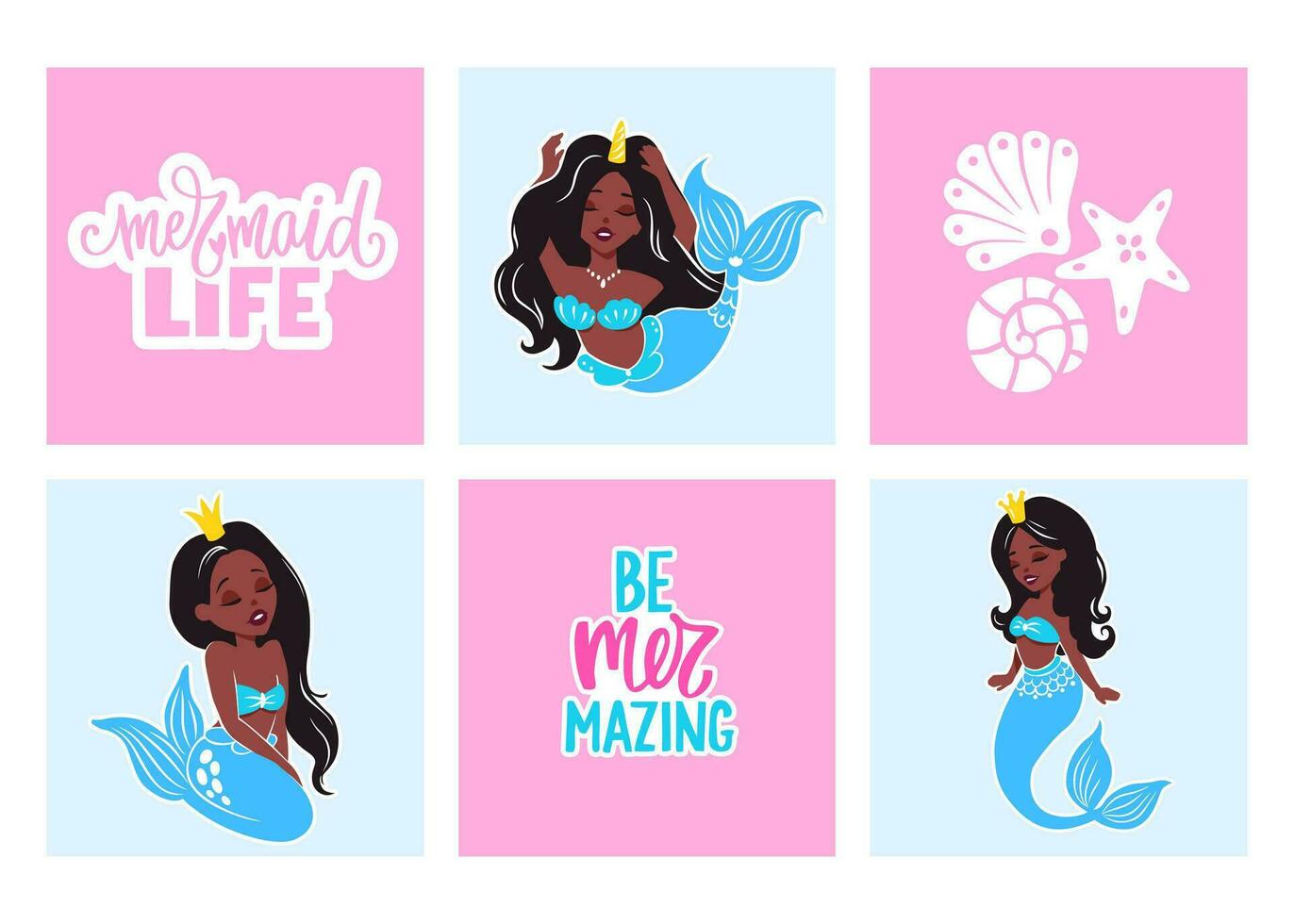 Afro Mermaids Dark Skin. Baby Print Illustrations for Nursery, Party Decoration. vector
