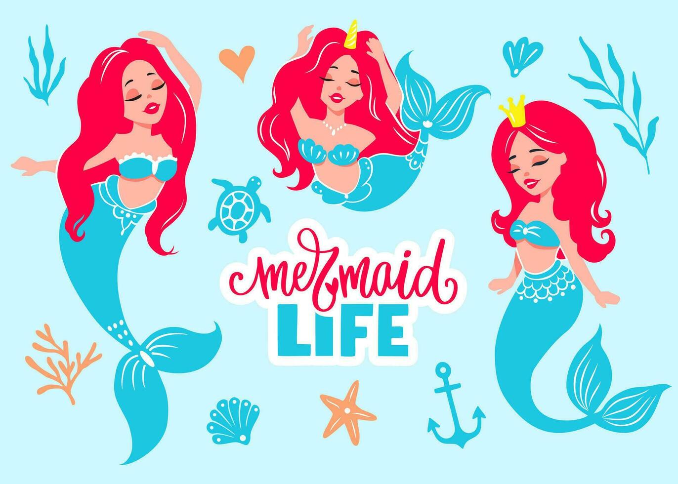 Cute Mermaids with Red Hair Vector Collection. Princess and Unicorn.