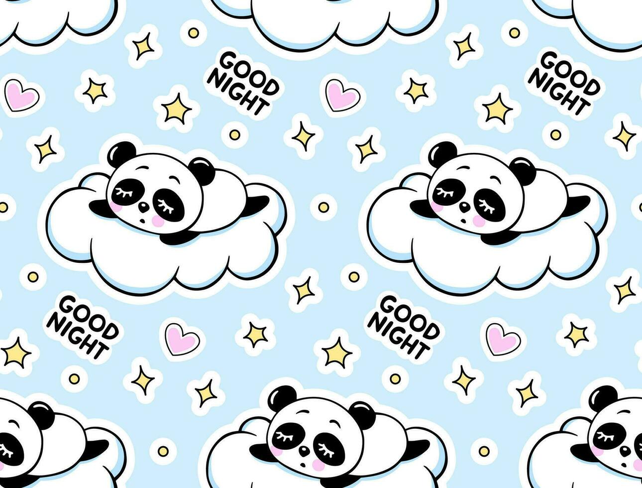 Sleeping Panda on a White Cloud, Stars and Hearts Seamlees Pattern. Cute Baby Print on a Blue Background. Cartoon Animals Texture. vector