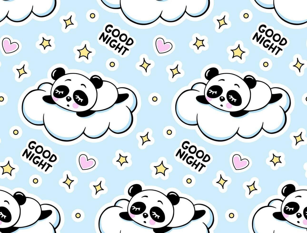 dormido panda en un blanco nube, estrellas y corazones costureras modelo. linda bebé impresión en un azul antecedentes. dibujos animados animales textura. vector