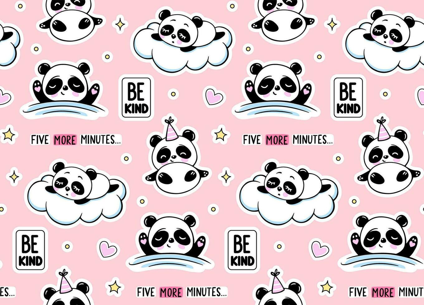 Sleeping Panda under a Blanket and on a White Cloud, Stars Seamless Pattern. Cute Vector Baby Print